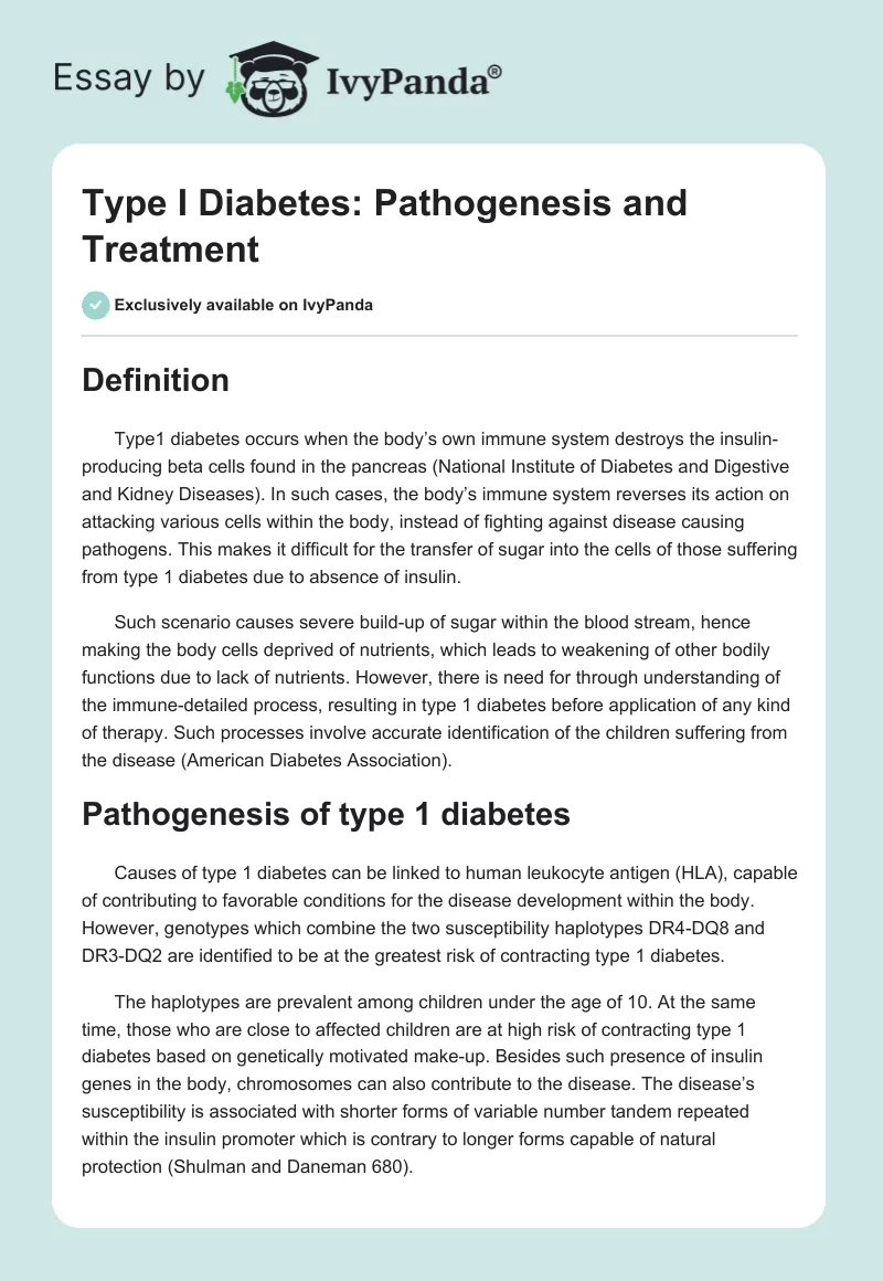 Type I Diabetes: Pathogenesis and Treatment. Page 1