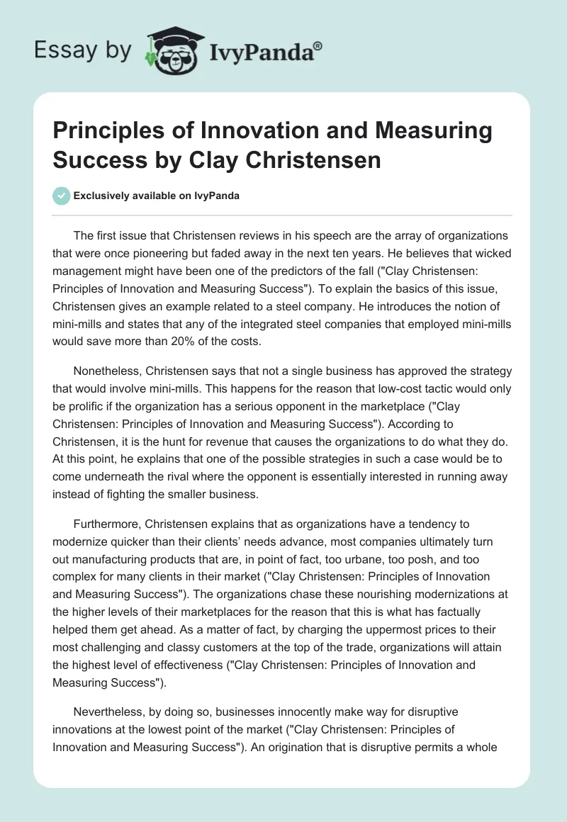 "Principles of Innovation and Measuring Success" by Clay Christensen. Page 1