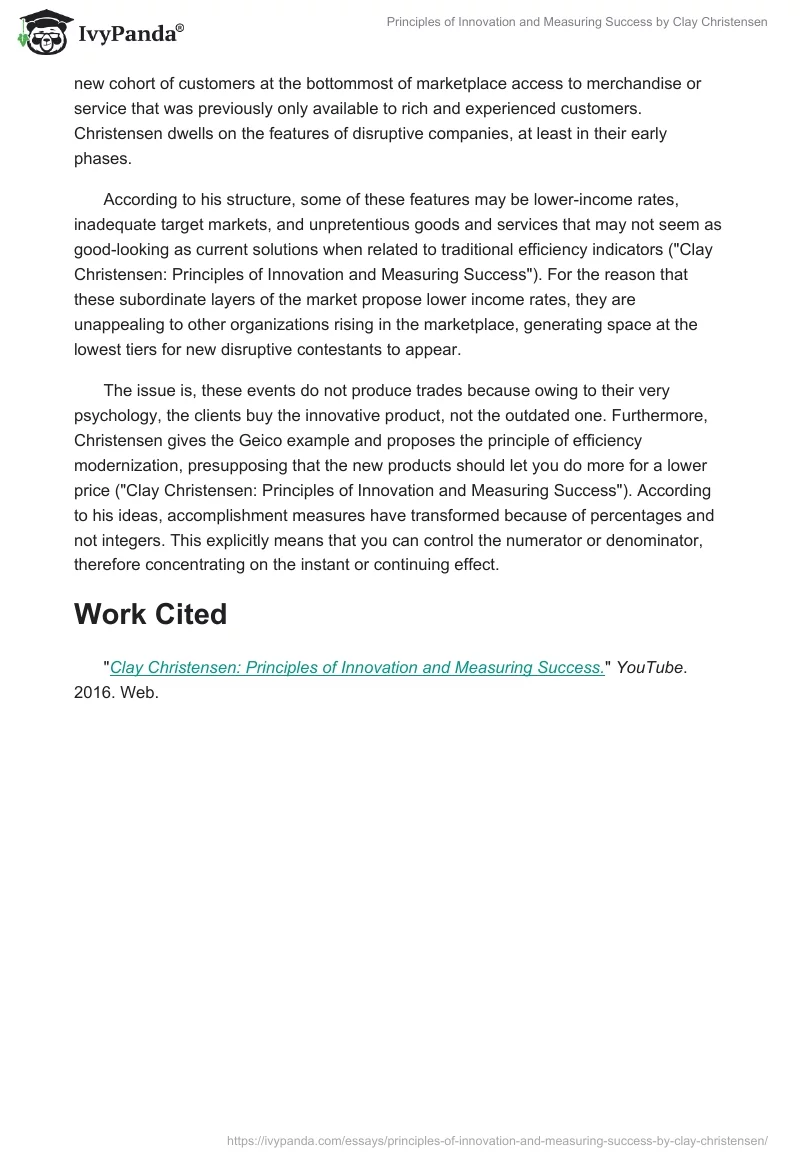 "Principles of Innovation and Measuring Success" by Clay Christensen. Page 2