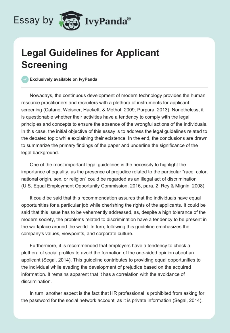 Legal Guidelines for Applicant Screening. Page 1