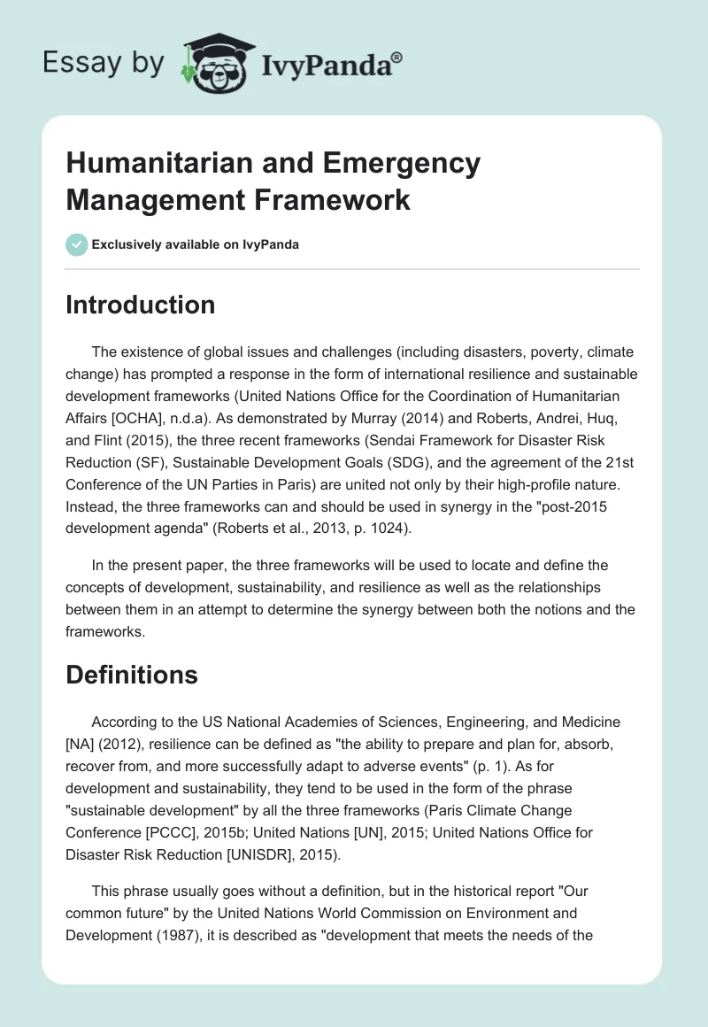 Humanitarian and Emergency Management Framework. Page 1