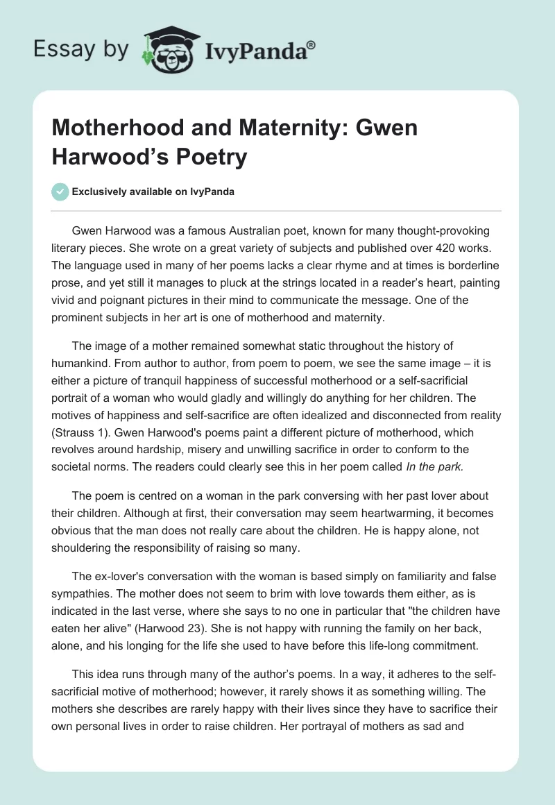 Motherhood and Maternity: Gwen Harwood’s Poetry. Page 1