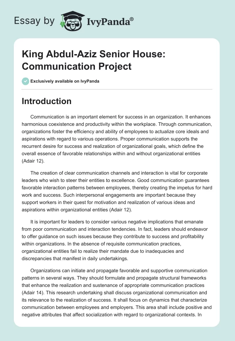 King Abdul-Aziz Senior House: Communication Project. Page 1