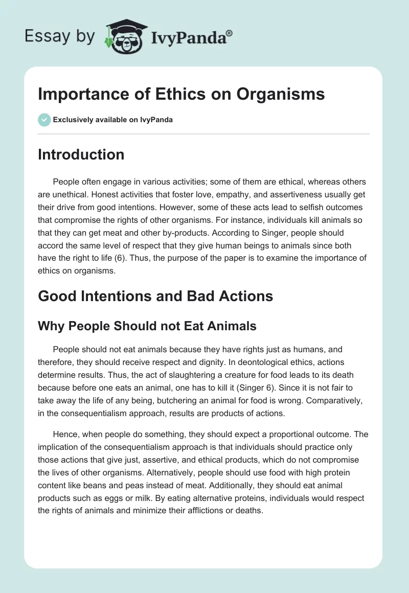 Importance of Ethics on Organisms. Page 1
