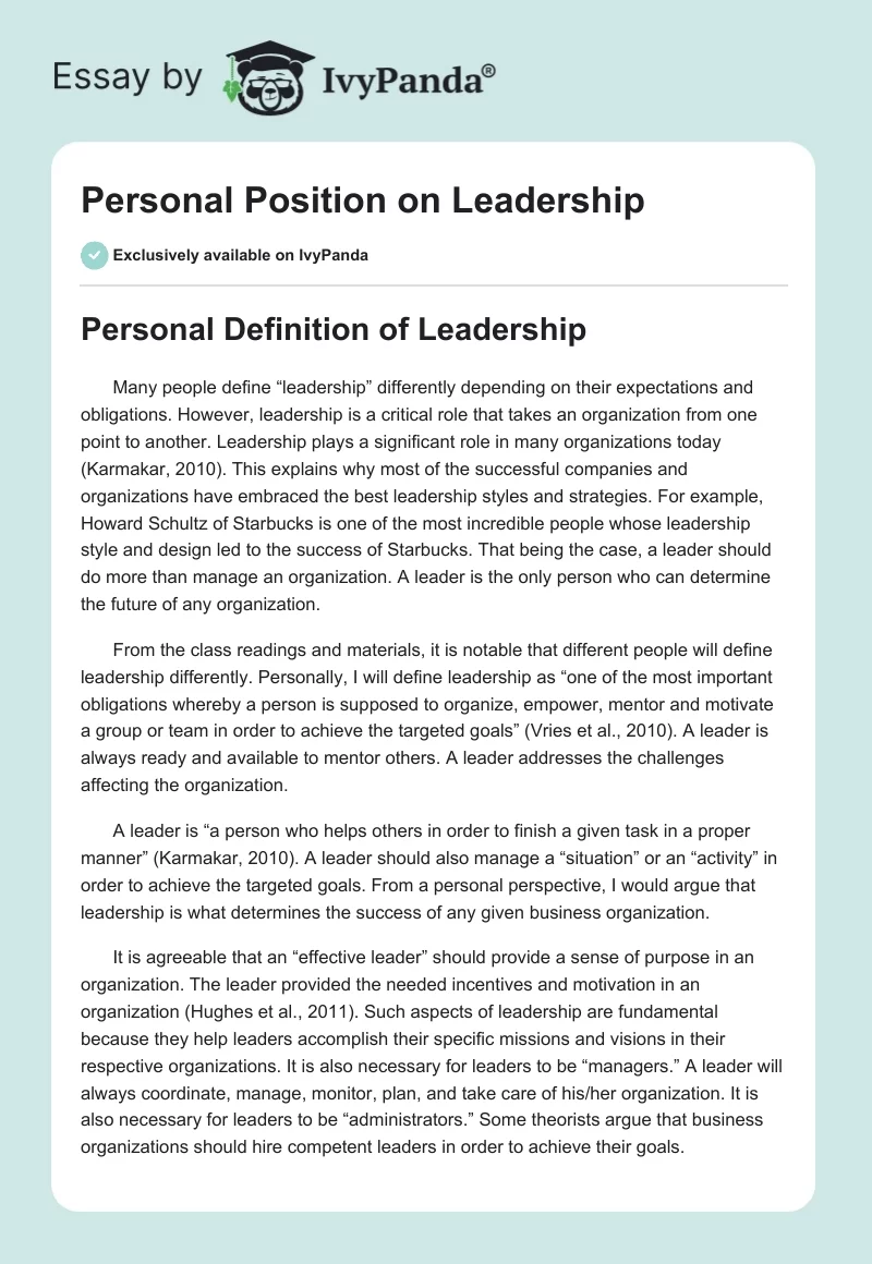 Personal Position on Leadership. Page 1