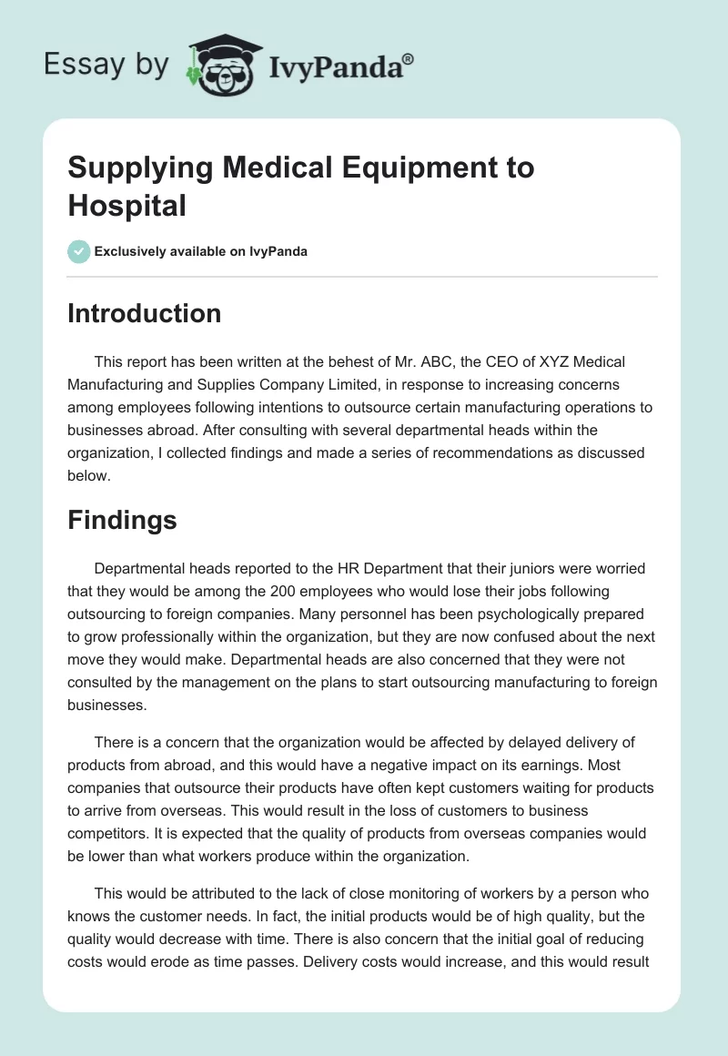 Supplying Medical Equipment to Hospital. Page 1