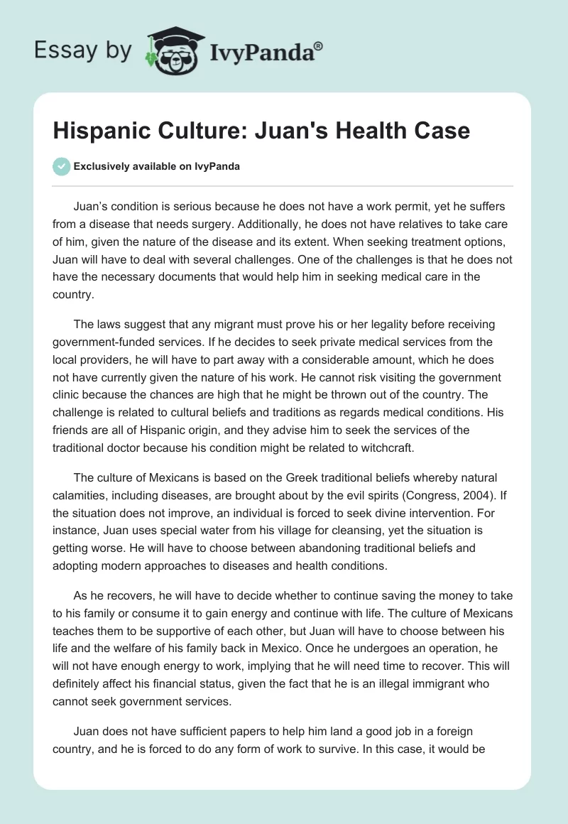 Hispanic Culture: Juan's Health Case. Page 1
