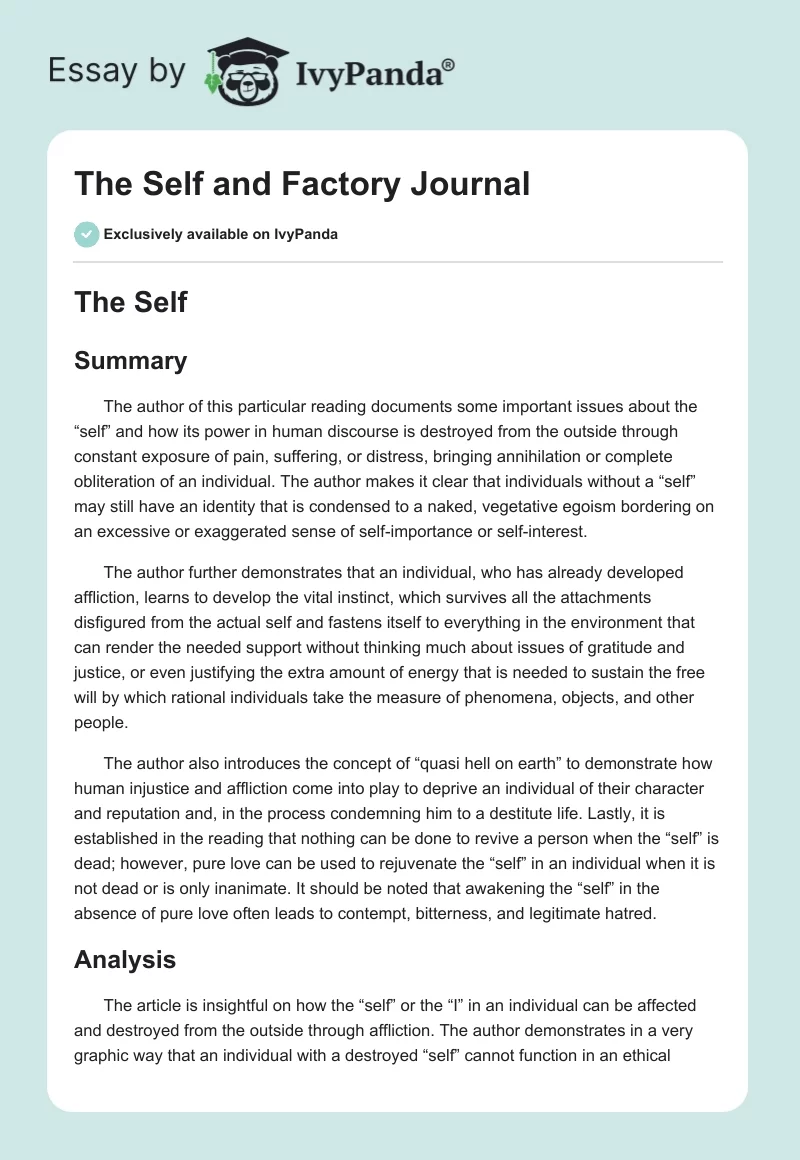The Self and Factory Journal. Page 1