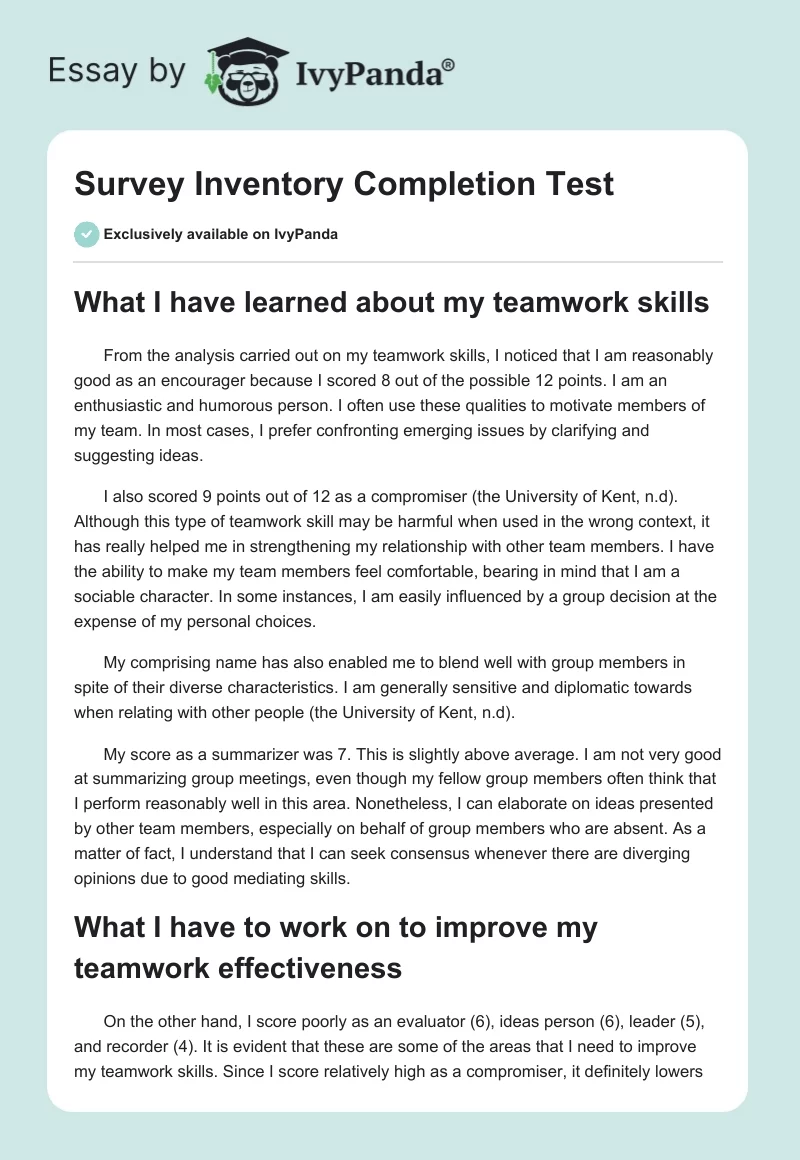Survey Inventory Completion Test. Page 1