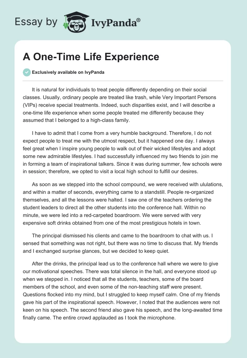 A One-Time Life Experience. Page 1