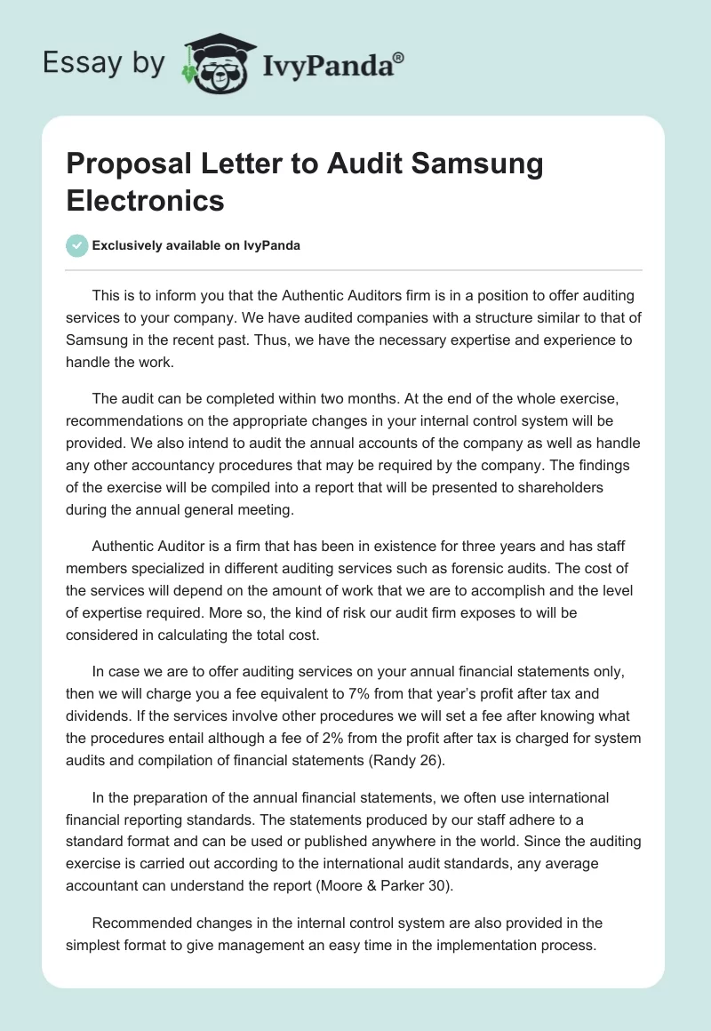 Proposal Letter to Audit Samsung Electronics. Page 1