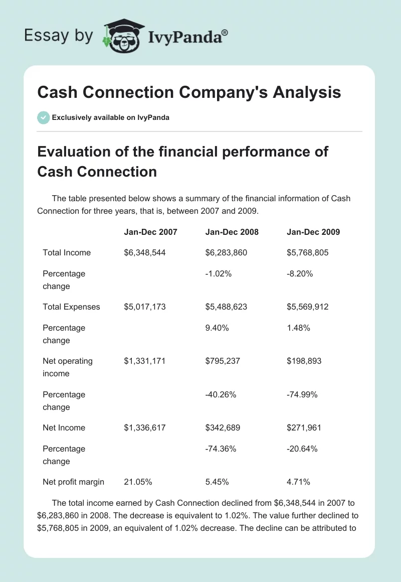 Cash Connection Company's Analysis. Page 1