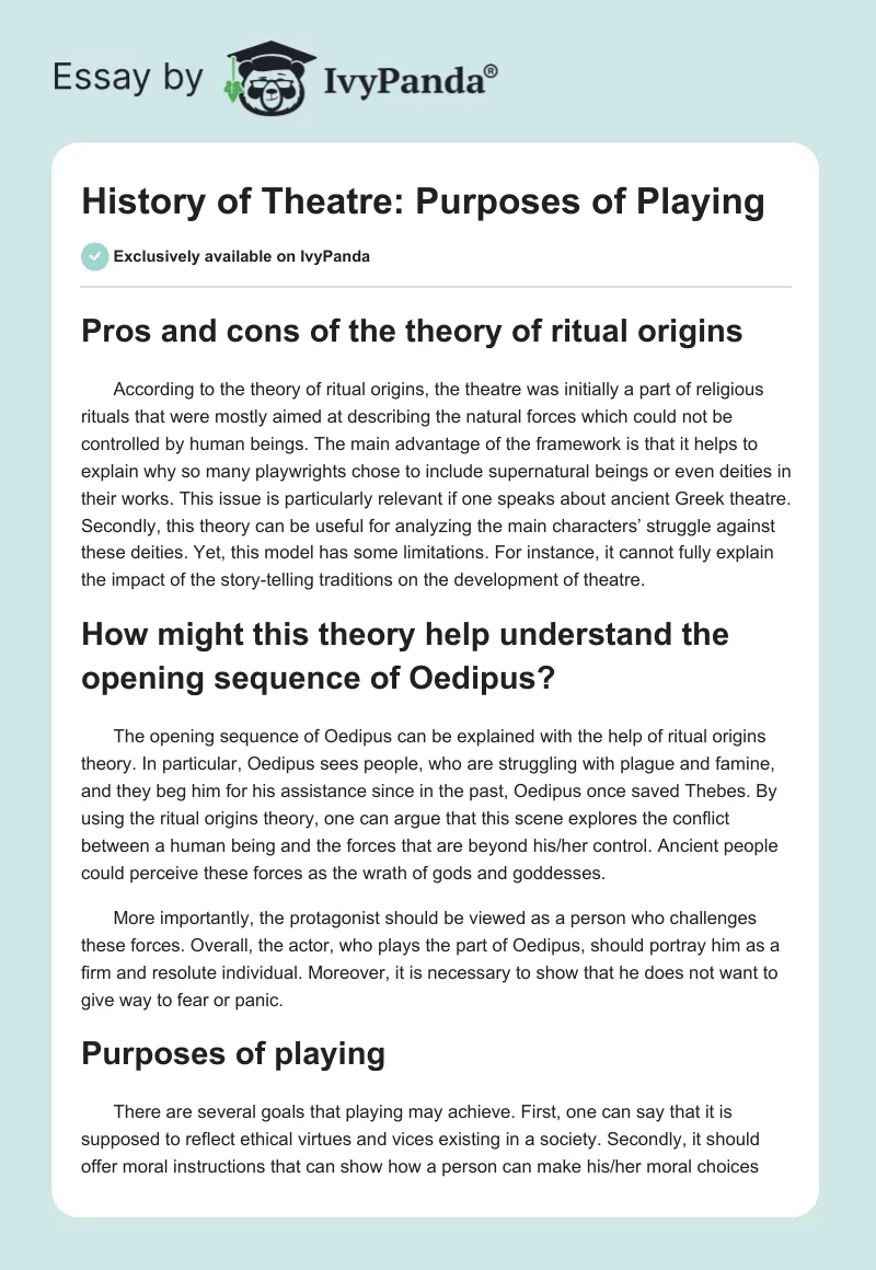 History of Theatre: Purposes of Playing. Page 1