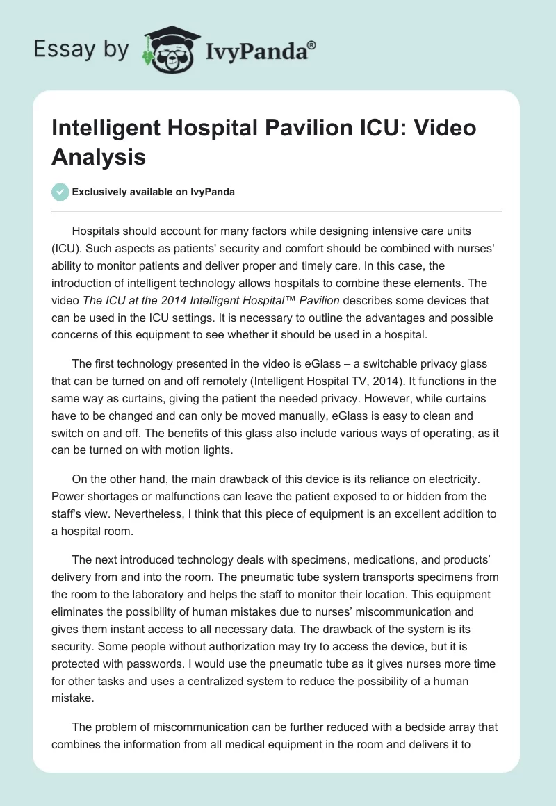 Intelligent Hospital Pavilion ICU: Video Analysis. Page 1