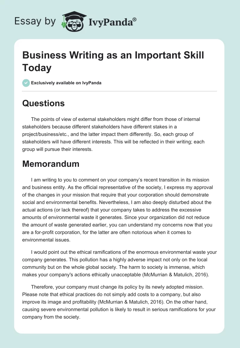 Business Writing as an Important Skill Today. Page 1