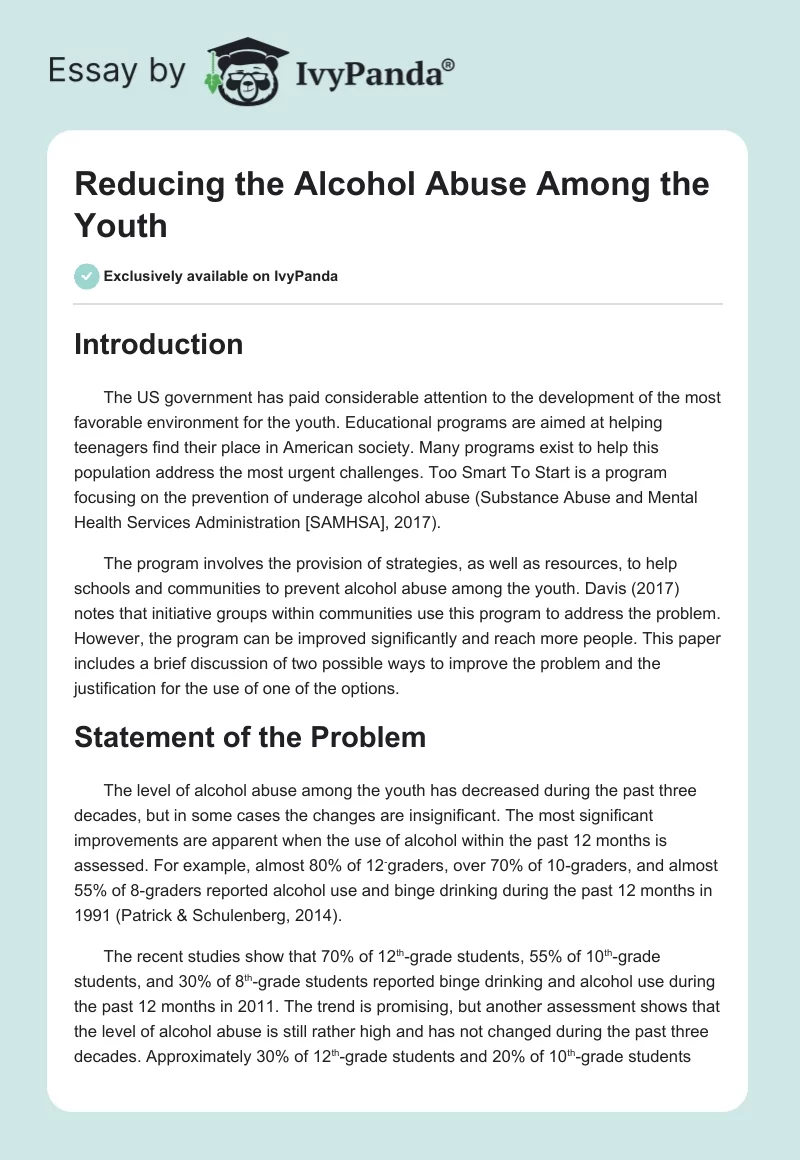 Reducing the Alcohol Abuse Among the Youth. Page 1