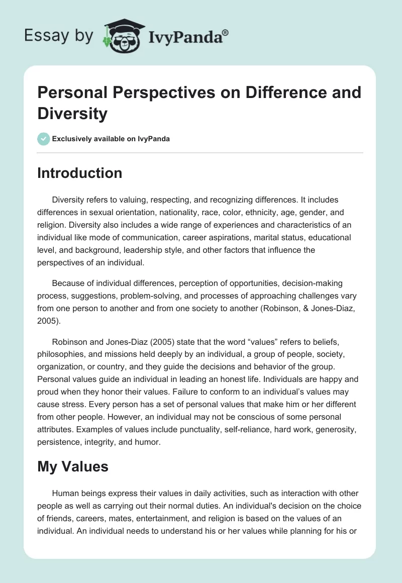 Personal Perspectives on Difference and Diversity. Page 1