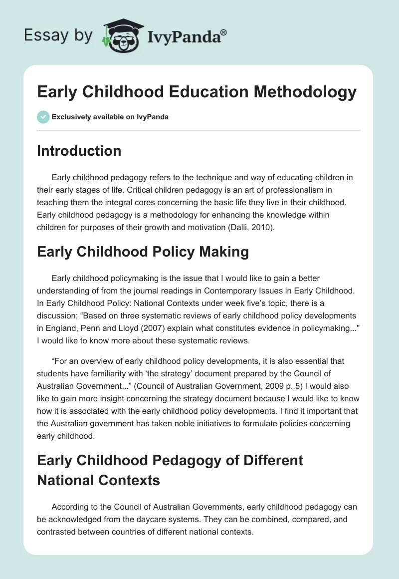 Early Childhood Education Methodology. Page 1
