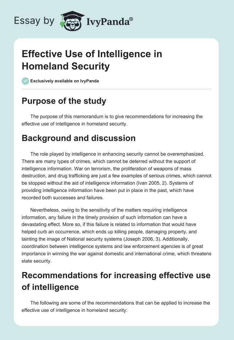 Effective Use of Intelligence in Homeland Security. Page 1