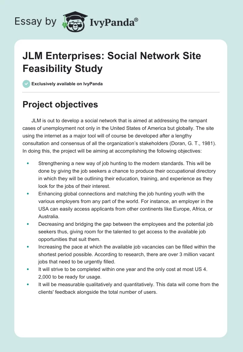 JLM Enterprises: Social Network Site Feasibility Study. Page 1