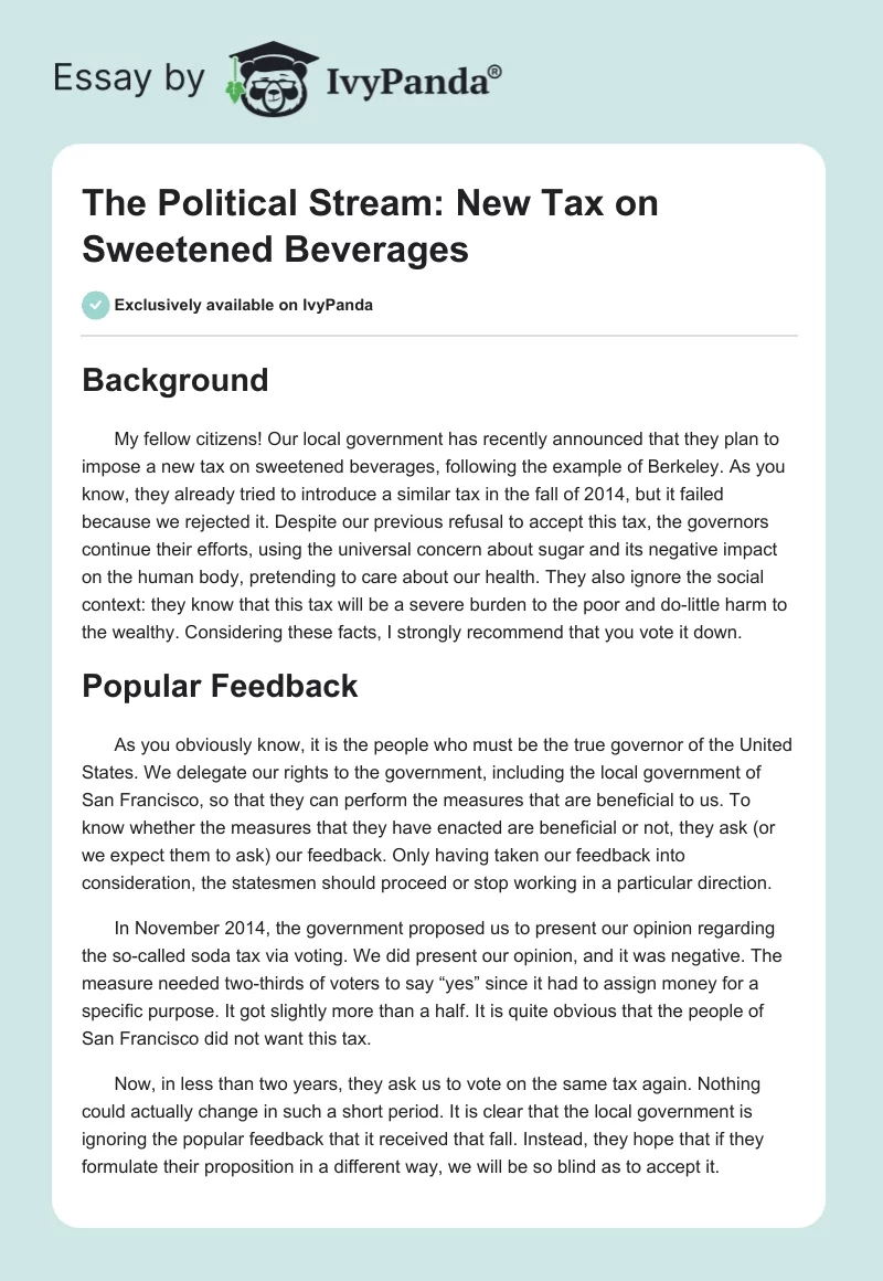 The Political Stream: New Tax on Sweetened Beverages. Page 1