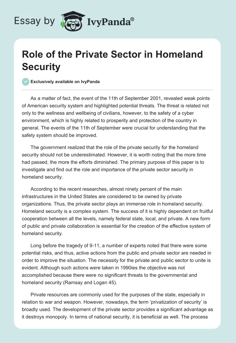 Role of the Private Sector in Homeland Security. Page 1