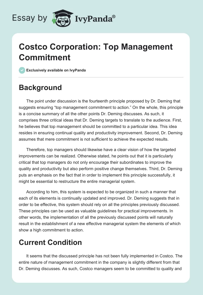 Costco Corporation: Top Management Commitment. Page 1