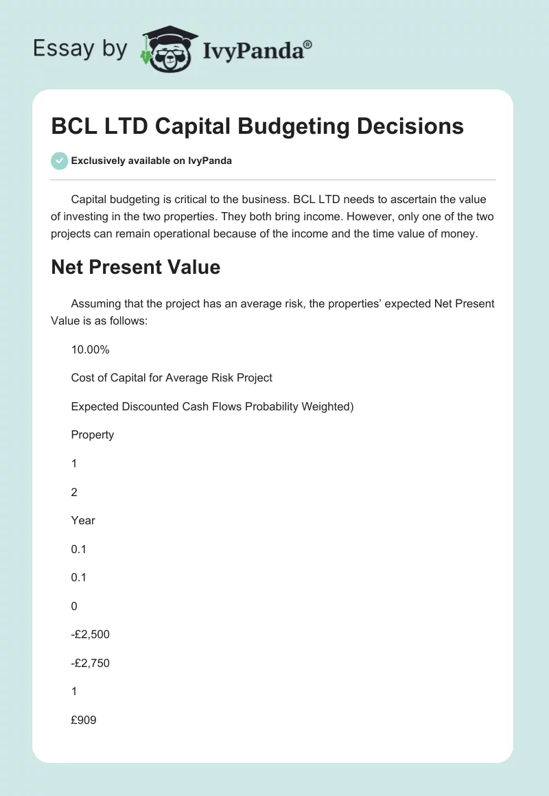 BCL LTD Capital Budgeting Decisions. Page 1