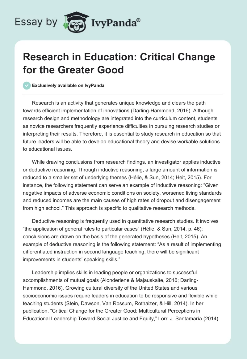 Research in Education: Critical Change for the Greater Good. Page 1
