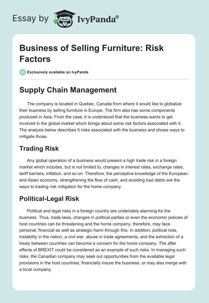Business of Selling Furniture: Risk Factors. Page 1