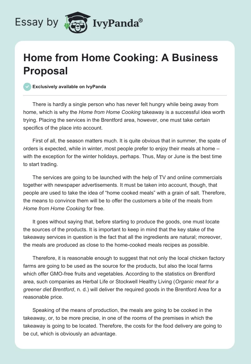 Home From Home Cooking: A Business Proposal. Page 1
