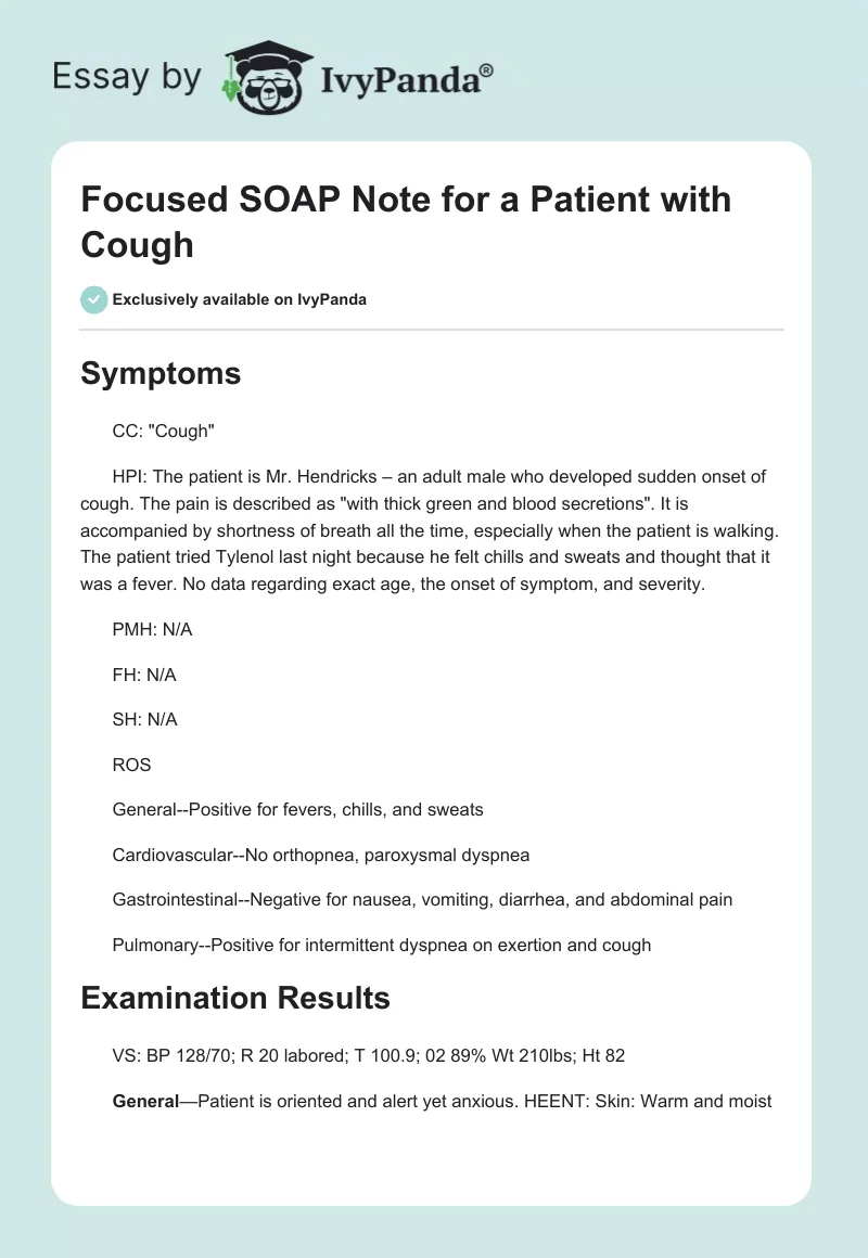 Focused SOAP Note for a Patient with Cough. Page 1