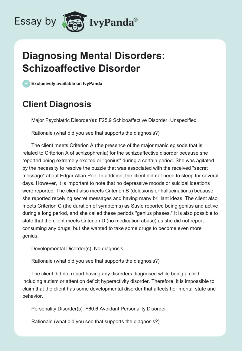 Diagnosing Mental Disorders: Schizoaffective Disorder. Page 1