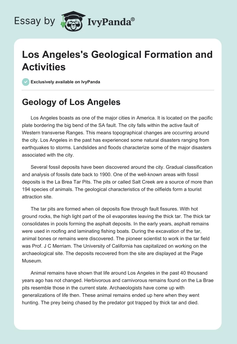 Los Angeles's Geological Formation and Activities. Page 1