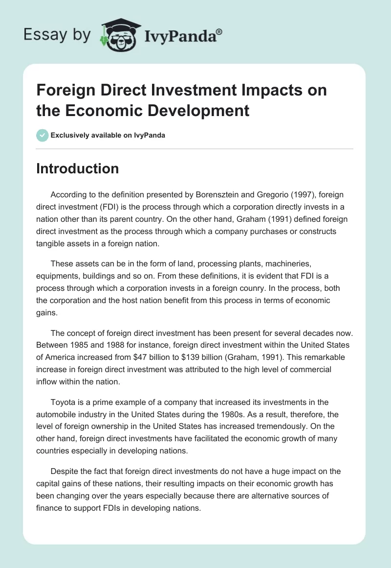Foreign Direct Investment Impacts on the Economic Development. Page 1