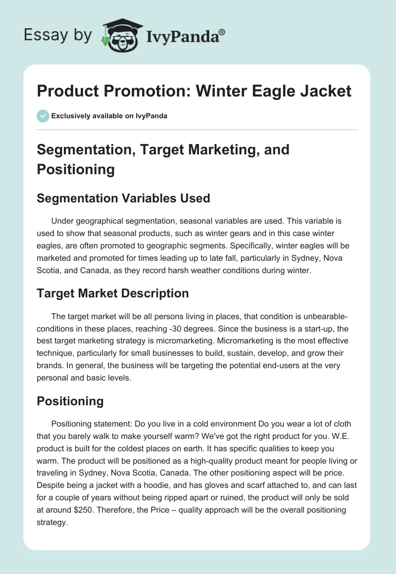 Product Promotion: Winter Eagle Jacket. Page 1