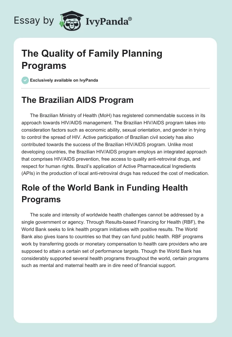 The Quality of Family Planning Programs. Page 1