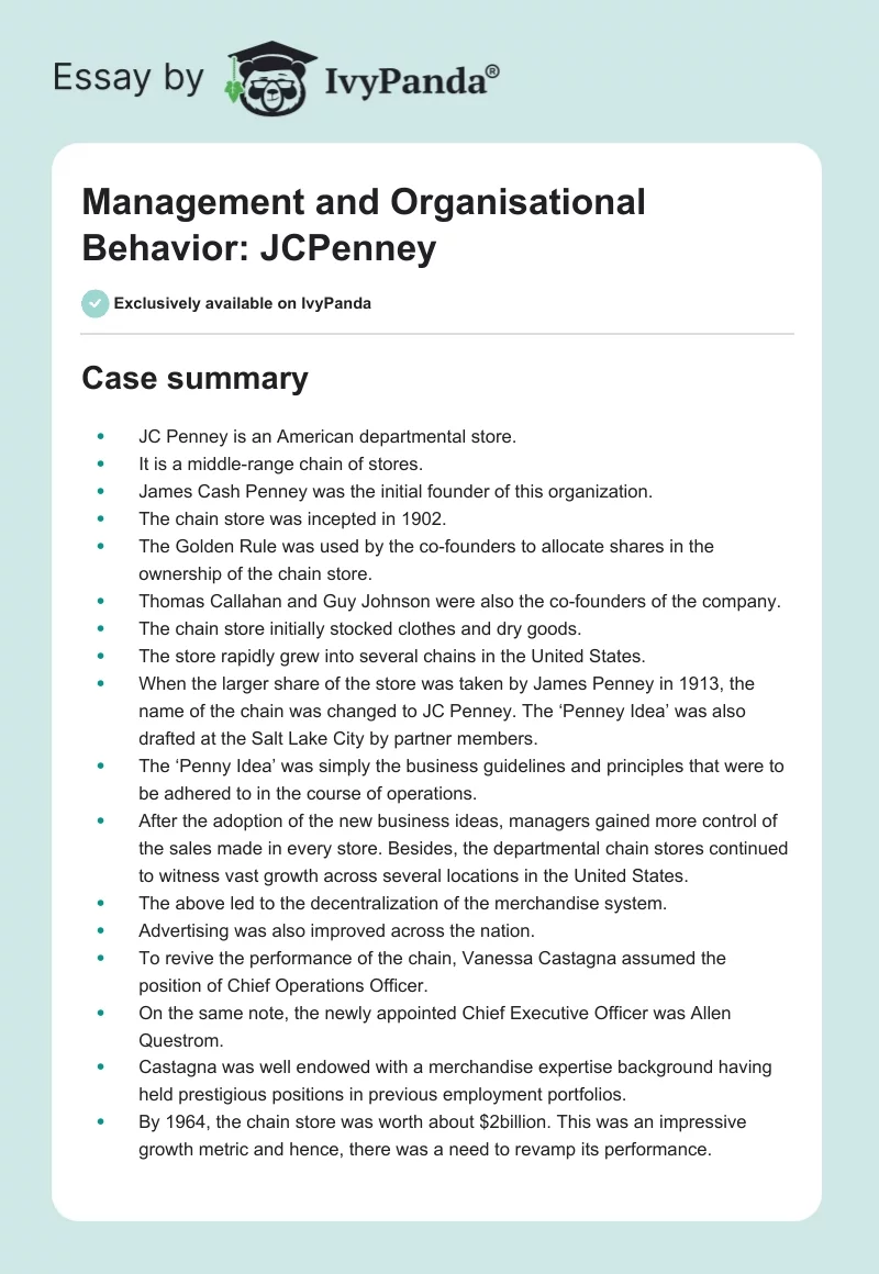 Management and Organisational Behavior: JCPenney. Page 1