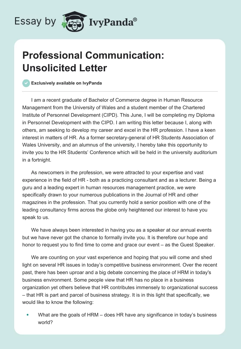 Professional Communication: Unsolicited Letter. Page 1
