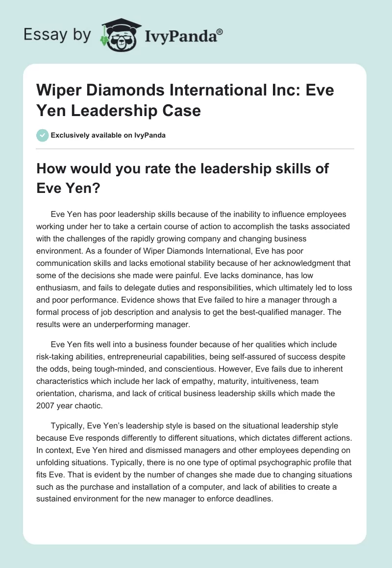 Wiper Diamonds International Inc: Eve Yen Leadership Case. Page 1