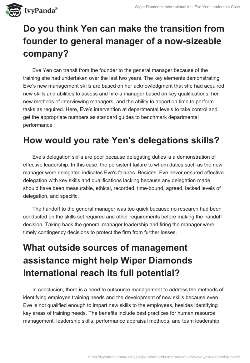 Wiper Diamonds International Inc: Eve Yen Leadership Case. Page 2