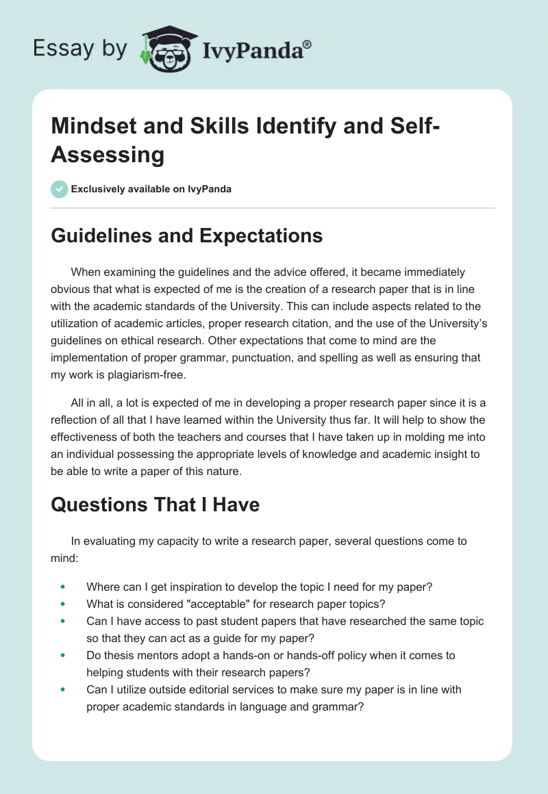 Mindset and Skills Identify and Self-Assessing. Page 1