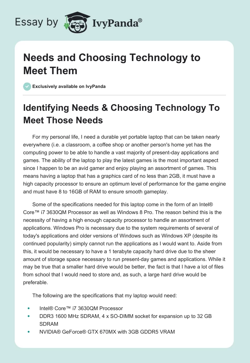 Needs and Choosing Technology to Meet Them. Page 1