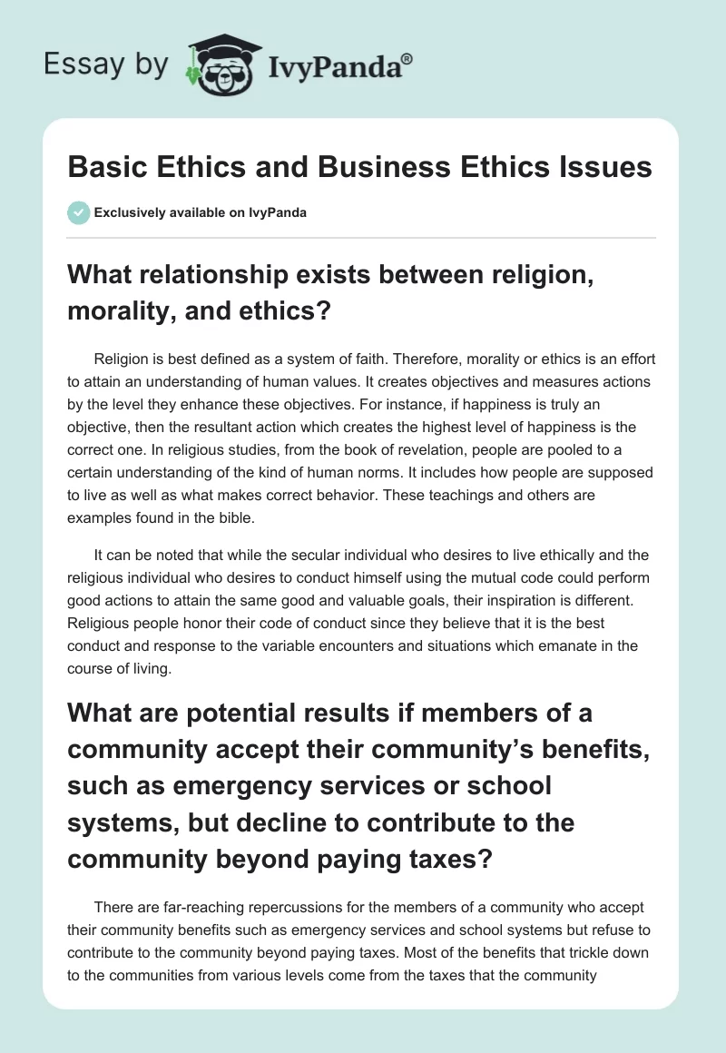 Basic Ethics and Business Ethics Issues. Page 1