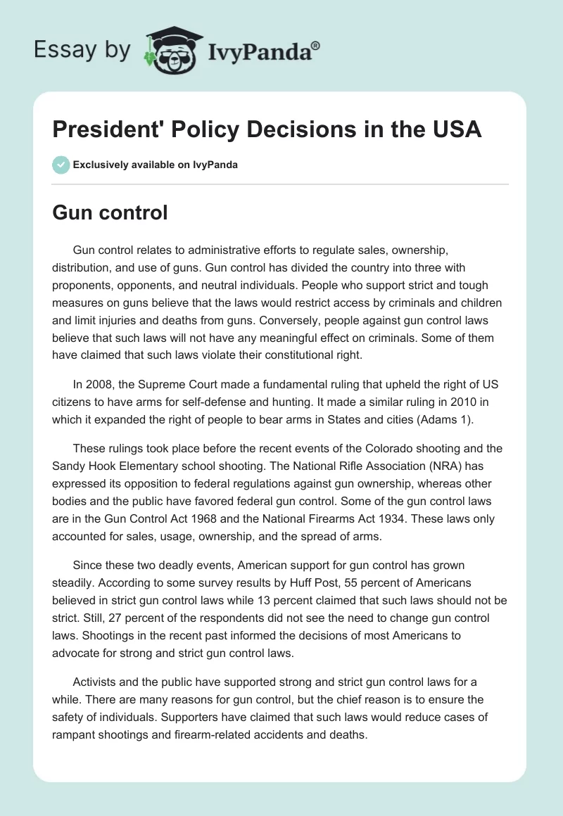 President' Policy Decisions in the USA. Page 1