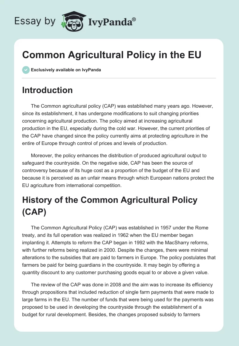 Common Agricultural Policy in the EU. Page 1