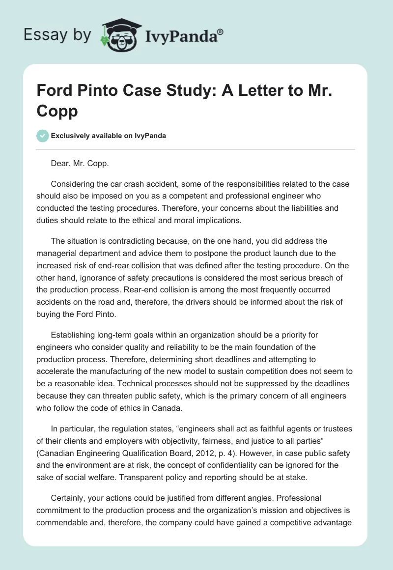 Ford Pinto Case Study: A Letter to Mr. Copp. Page 1