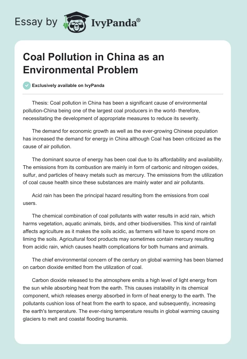 Coal Pollution in China as an Environmental Problem. Page 1