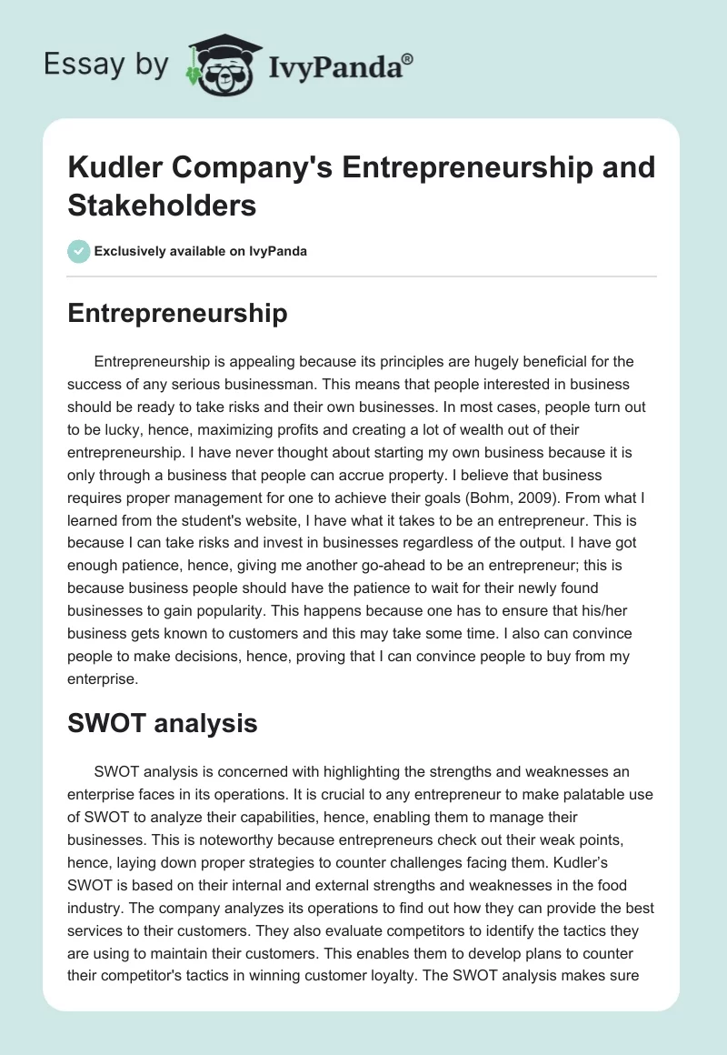 Kudler Company's Entrepreneurship and Stakeholders. Page 1