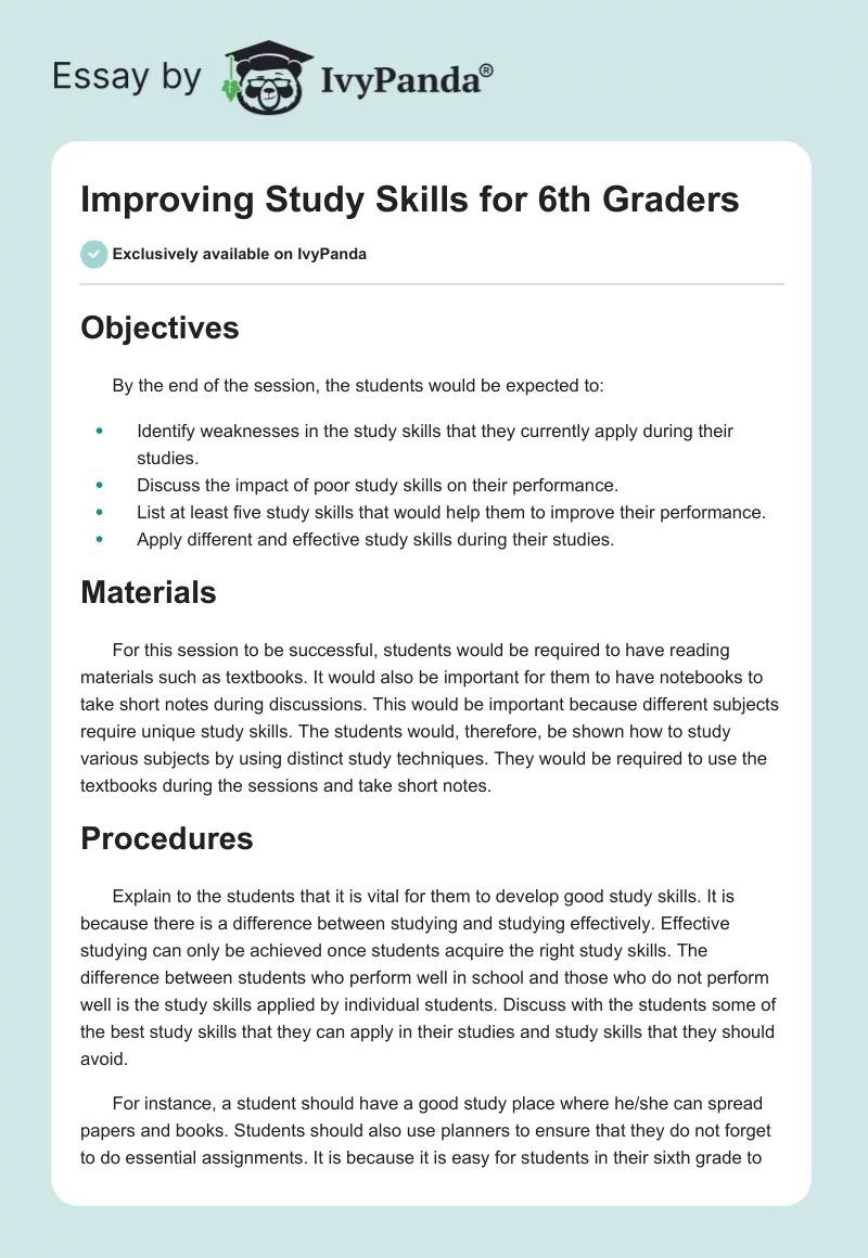 Improving Study Skills for 6th Graders. Page 1
